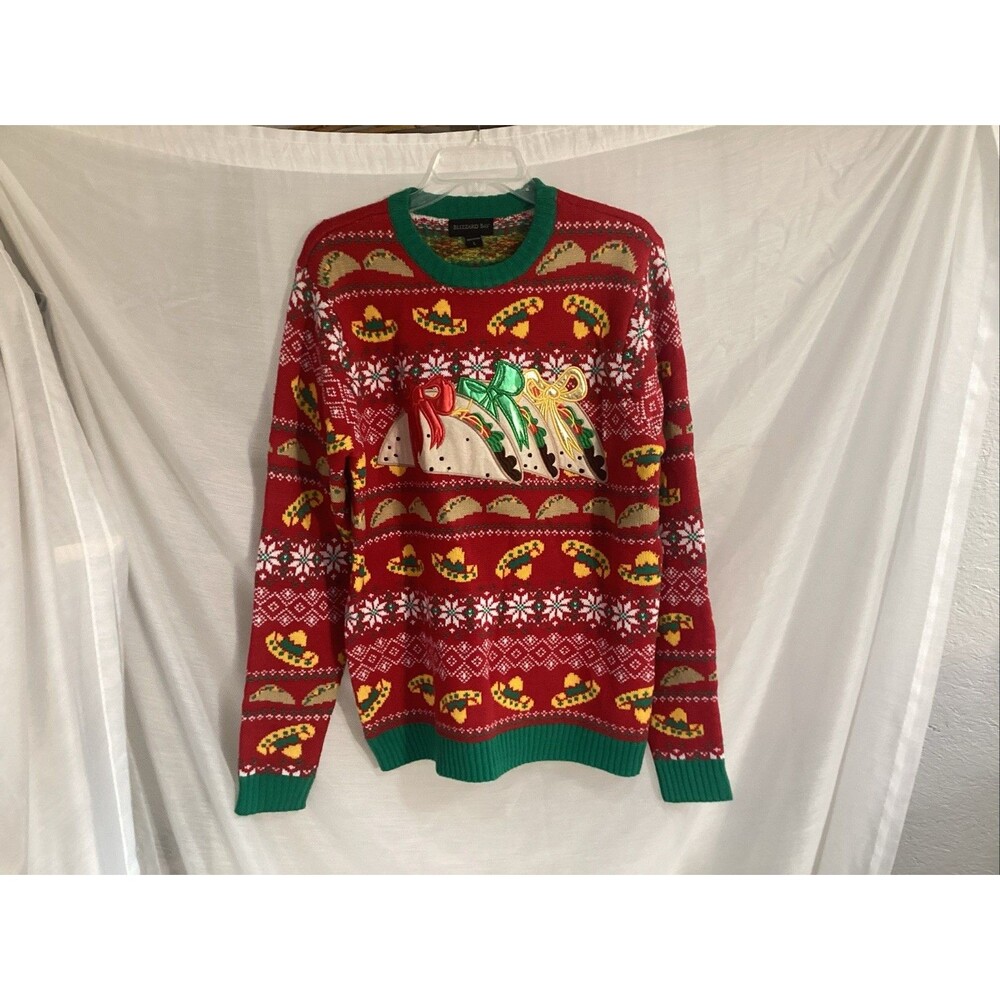 blizzard bay ugly Christmas sweater L tacos sombrero fiesta Mexican holiday 3D